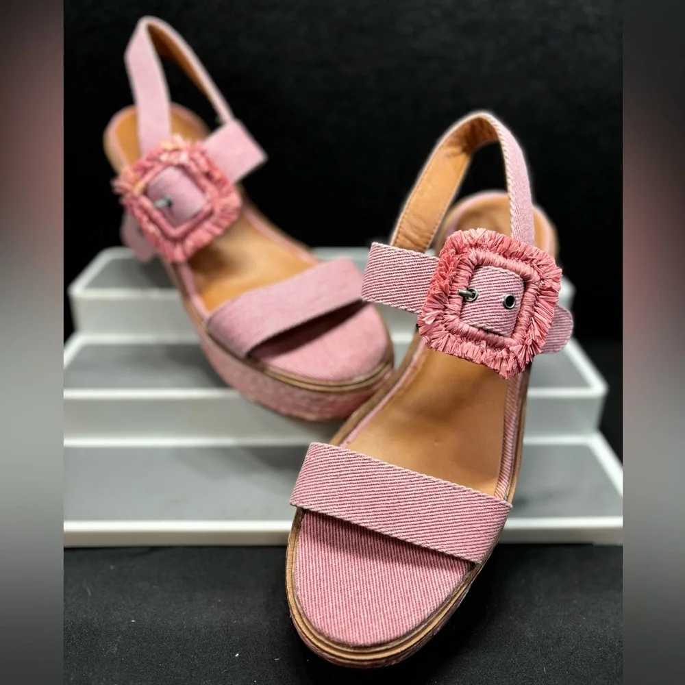 Lucky‎ Brand Yidris Platform Espadrille Heels Sandals Pink Size 9M Straw Buckle